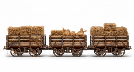A rustic rural goods train with wooden crates hay bales and weathered wagons on plain white background