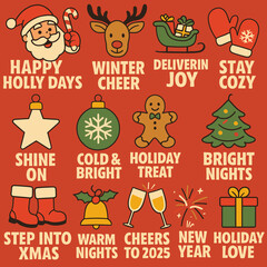 Retro Christmas and New Year Holiday Icon Set. Vintage Santa Reindeer and Festive Slogans Collection.