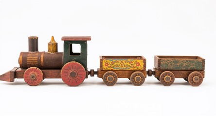 A rustic toy train with painted wood body round wheels and colorful wagons on plain white background
