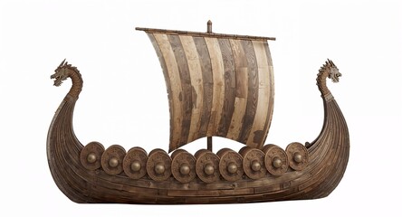 A rustic Viking longship boat with carved wooden shields tall sail and dragon head prow on plain white background