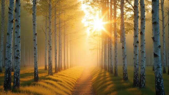 birch forest in sunlight in the morning