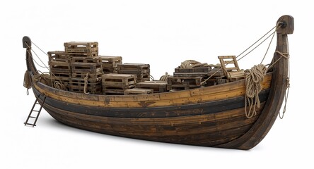 A rustic wooden cargo barge boat with stacked crates rope ladders and weathered planks on plain white background