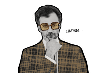 Composite photo collage of serious businessman think hesitate hmmm dilemma solution unsure deal decision isolated on painted background