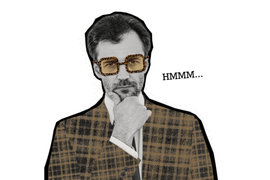 Composite photo collage of serious businessman think hesitate hmmm dilemma solution unsure deal decision isolated on painted background - Powered by Adobe