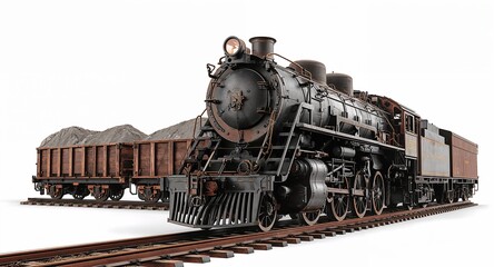 A rustic mining ore train with heavy iron carts rugged couplers and steam engine front on plain white background