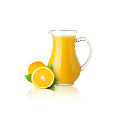 Glass jug of fresh orange juice isolated on white background