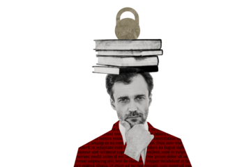 Creative photo collage image mature professor lecturer academic knowledge weight dumbbell encyclopedia library drawing background