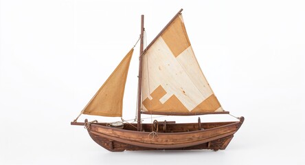 A rustic wooden sailboat with patched canvas sail simple tiller and weathered deck on plain white background