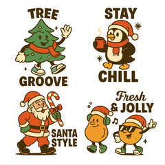 Cool Christmas Characters Sticker Set. Retro Santa Snowman and Reindeer with Jolly Holiday Slogans.