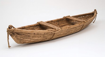A rustic woven reed boat with handmade paddle rope ties and rough straw texture on plain white background