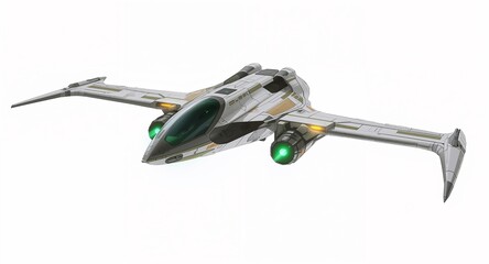 A sci fi alien inspired airplane with curved wings glowing green panels and hovering engines on plain white background