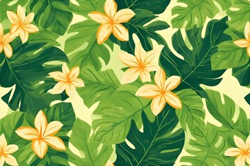 Obraz premium Tropical paradise awaits with this vibrant pattern of monstera leaves and frangipani flowers, perfect for summer designs and exotic vibes