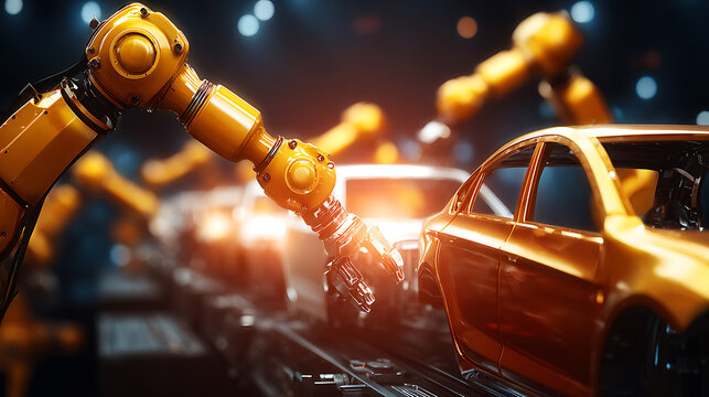 Industrial robotic arms assembling a vehicle in a high-tech manufacturing facility