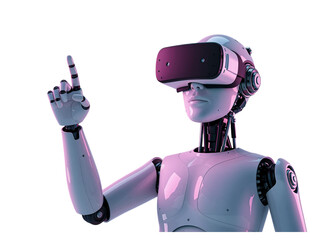 Humanoid robot wearing virtual reality headset pointing finger up interacting with digital technology isolated on transparent background