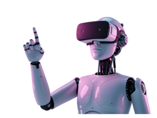 Humanoid robot wearing virtual reality headset pointing finger up interacting with digital technology isolated on transparent background