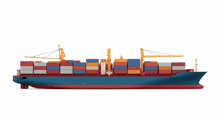 Cargo ship loaded with stacked colorful containers and crane equipment detailed neatly on plain white background