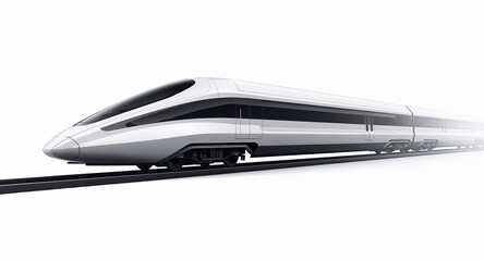 Futuristic maglev train hovering slightly above track with smooth aerodynamic shell on plain white background