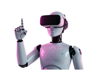 Futuristic humanoid robot wearing virtual reality headset pointing finger up with pink and purple lighting isolated on transparent background