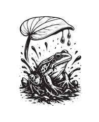 Black and White Illustration of a Frog Under a Leaf with Water Splashes 