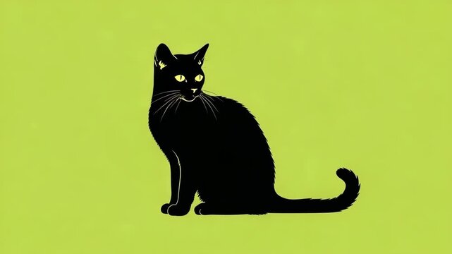 Black cat silhouette sitting profile view on lime green background video