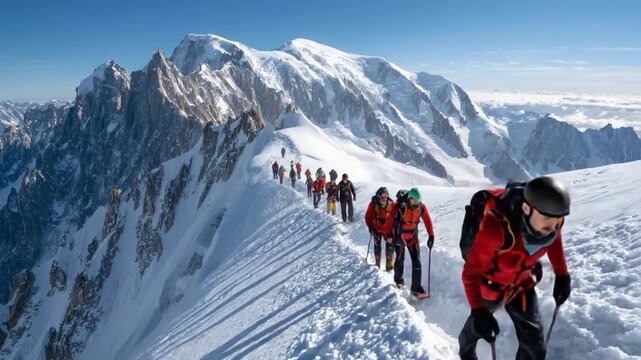 Conquering Heights: A team of climbers ascends a majestic snow-covered mountain range, a testament to human resilience and the allure of adventure in the heart of nature. 