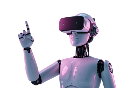 Humanoid robot wearing virtual reality headset pointing finger up interacting with digital technology isolated on transparent background