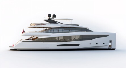 Modern luxury yacht with sleek glass windows and upper deck lounge area floating gracefully on plain white background