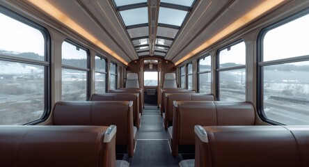 Scenic tourist train with glass roof cabin and luxury interior concept on plain white background