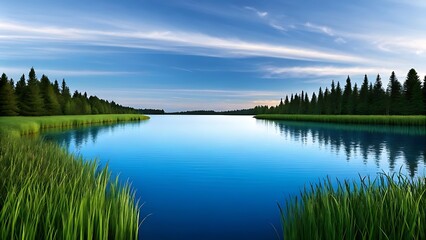 Fototapeta premium Serene wide angle landscape photograph of a calm lake surrounded by pine forests and grassy shores