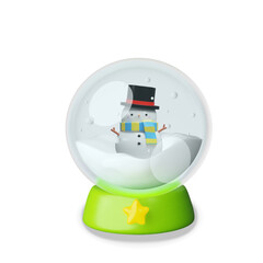 3D illustration of a Christmas snow globe with a green base and yellow star, a snowman, standing on snowy ground with falling snow. A decoration symbolizing winter, holiday joy, and Christmas spirit.