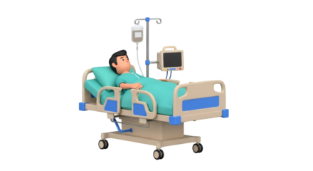 Cartoon Patient in Hospital Bed with IV Drip and Monitor