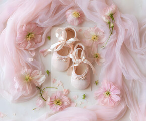 Baby girl flat lay with elegant pink shoes tied with ribbons on blank card, surrounded by soft fabric and flowers. Perfect for birth announcement or invitation design.
