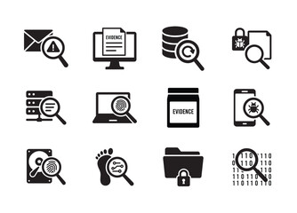 Collection of cybersecurity icons data security and digital forensics investigation silhouette