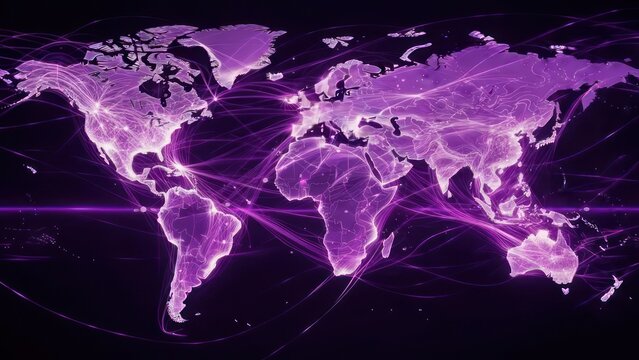 World map with glowing purple connections - Powered by Adobe