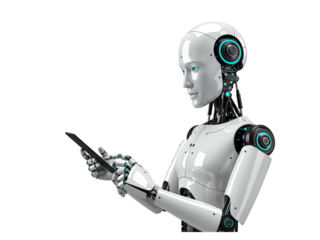 Advanced humanoid robot with sleek white casing holding and interacting with a smartphone isolated on transparent background