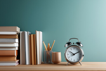 Clean organized desktop workspace displaying vintage alarm clock colorful books and wooden pencil containers creating perfect study environment with copy space