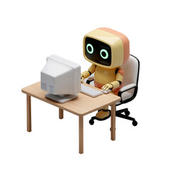 Cute 3D Robot Working on Computer at Desk. Artificial Intelligence Office Concept Illustration