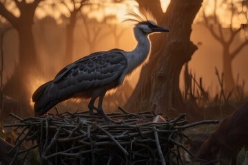 Silhouette of secretary bird on nest at sunset, African savanna wildlife, subject on right, ample copy space on left, clear positioning for photo.