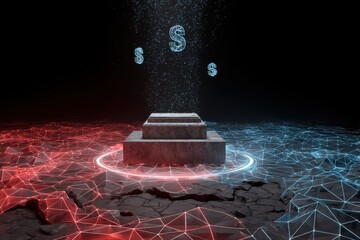 Futuristic digital platform with glowing wireframes and floating currency symbols