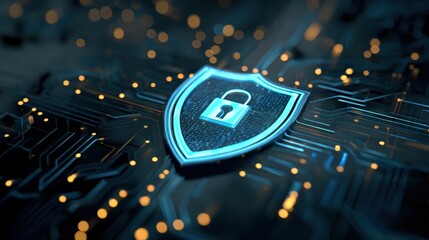 Digital Security Background with Shield Icon Featuring Lock Over Circuit Board Design and Glowing Elements