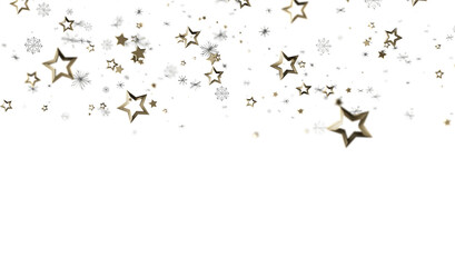 Sparkling gold stars and snowflakes falling on white. Festive winter background perfect for cards, websites, and more.
