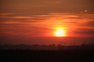 Fototapeta premium Silhouetted city skyline with construction cranes under a vivid orange sunset, capturing urban development and natural beauty together.
