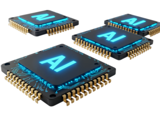 Futuristic ai microchip processors glowing with bright blue light and intricate circuitry on a transparent background isolated on transparent background