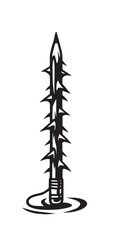 Sharp pencil with thorns stuck in the ground with swirling water.