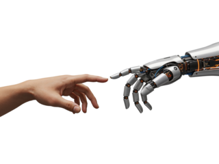 Human hand reaching out to touch a robotic hand in a symbolic connection isolated on transparent background