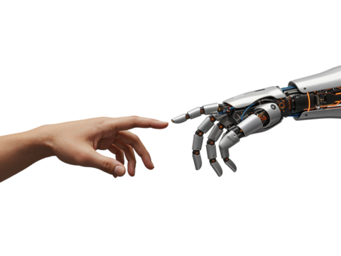 Human hand reaching out to touch a robotic hand in a symbolic connection isolated on transparent background - Powered by Adobe