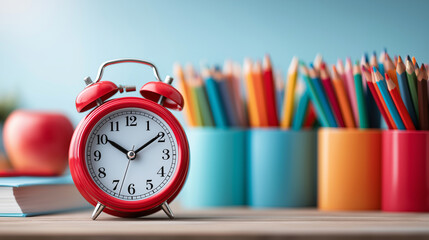 Vibrant colored pencils organized in multiple containers alongside classic red alarm clock creating inspiring creative workspace with bright copy space