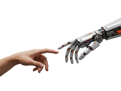 Human finger reaching out to touch a robotic hand in a symbolic gesture of connection and future technology isolated on transparent background