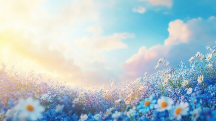 Serenity blooms: Pastel sky and ethereal meadow of wildflowers at sunrise