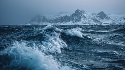 stormy ocean waves arctic mountains